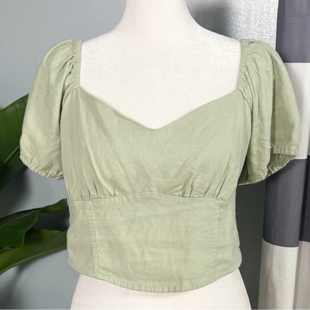 Hollister Sage Green Puff Sleeve Crop Top Linen Blend Size Large
